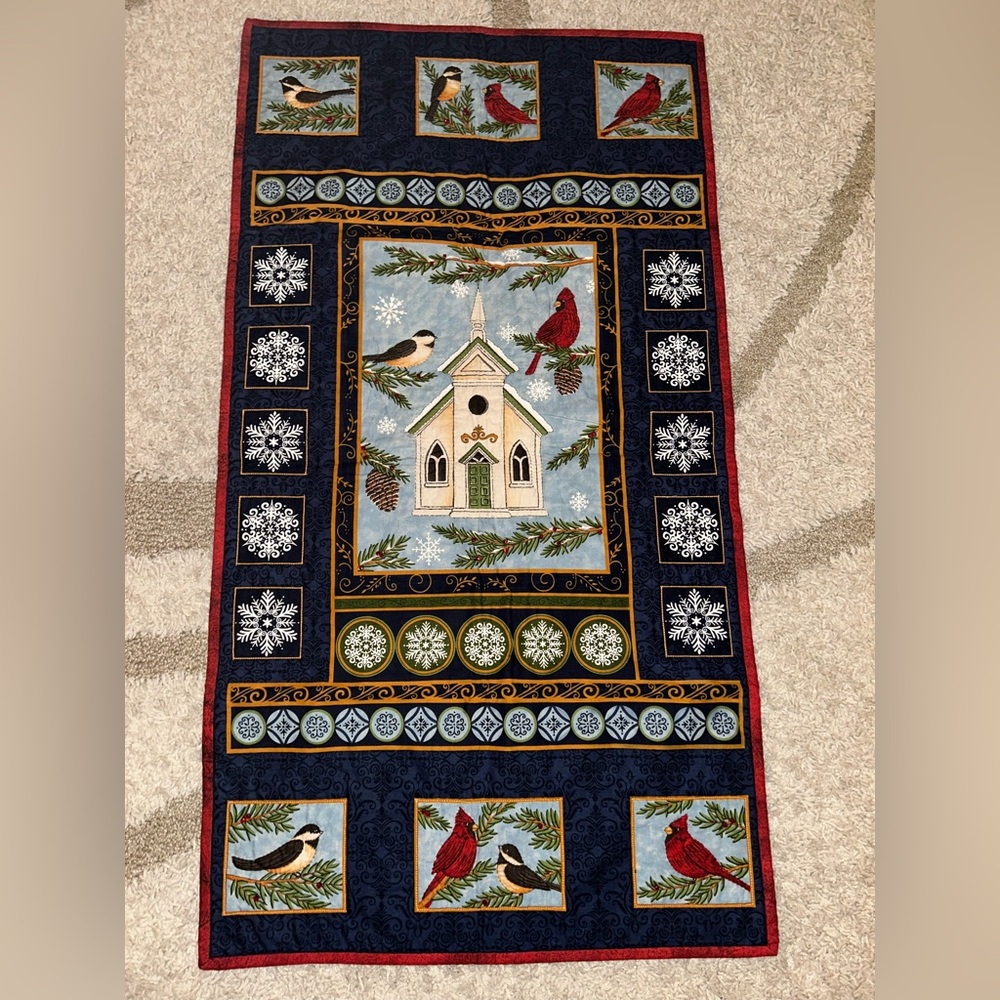Winter Christmas tapestry wall hanging birds cardinal snowflakes branches church